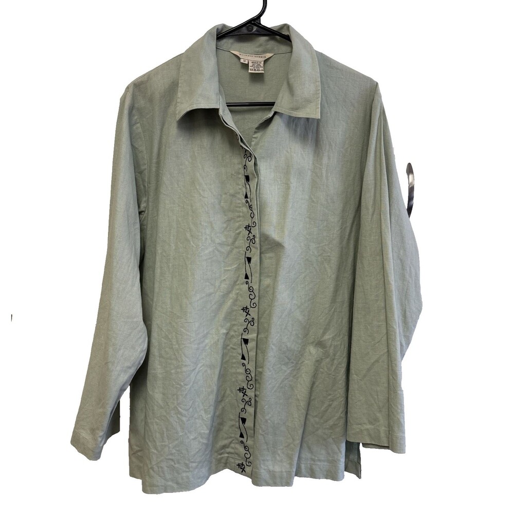 Melrose Studio Women Button Front Shirt Long Sleeve M Green Embroidered Retro
